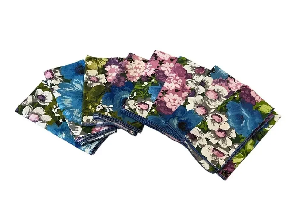 Vintage Lot of 8 Retro Blue Green Purple Flower Cloth Napkins Bright MCM